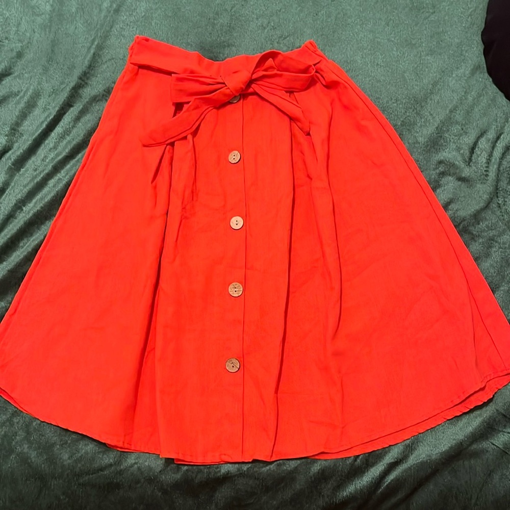 Red linen midi skirt
